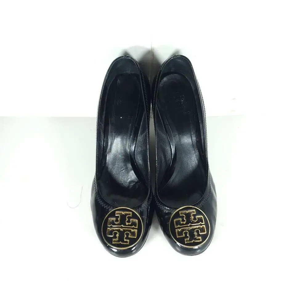 Tory Burch Women’s Caroline US 7? Black Patent Leather Stacked Wedge Pumps Shoes